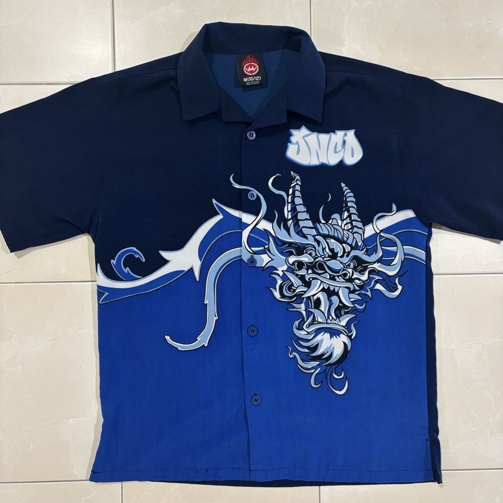 JNCO Y2K Dragon Button Up Shirt Youth Boys Size 12 (fits M) Blue Rare Grail